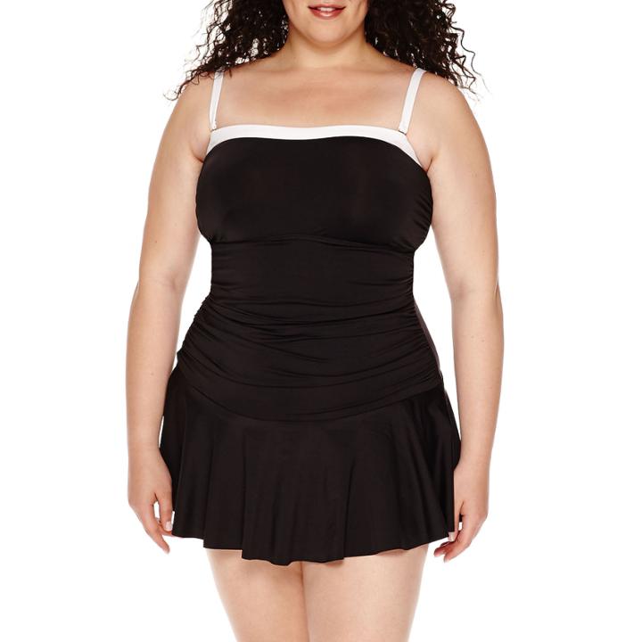 Liz Claiborne Over The Shoulder Shirred Bandeau Swim Dress - Plus