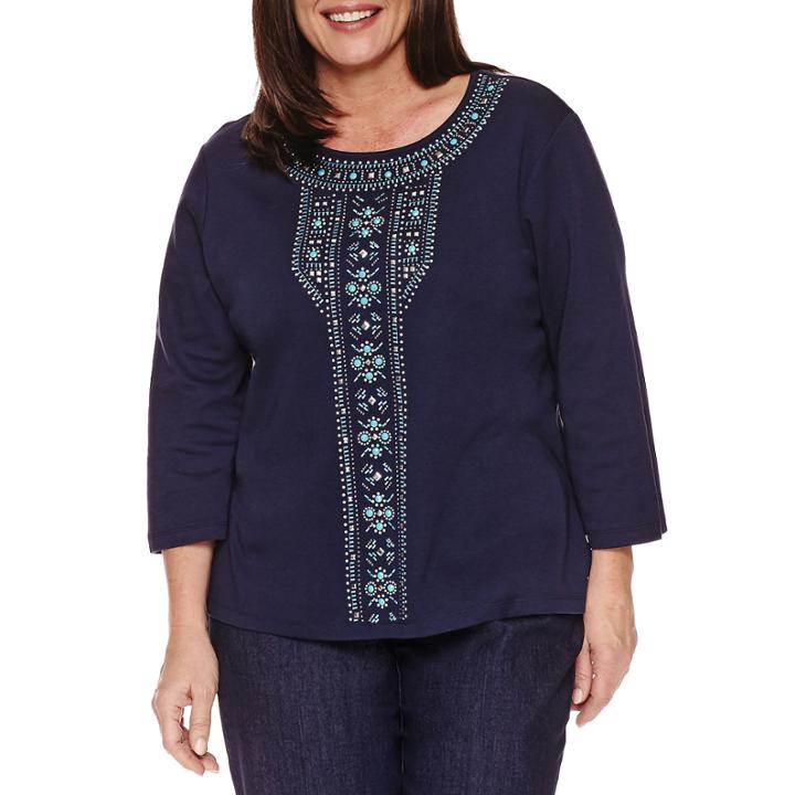 Alfred Dunner 3/4 Sleeve Crew Neck T-shirt-womens Plus