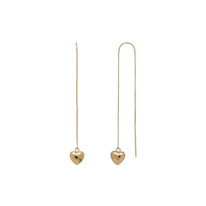 14k Yellow Gold Heart Dangle Chain Threader Earrings
