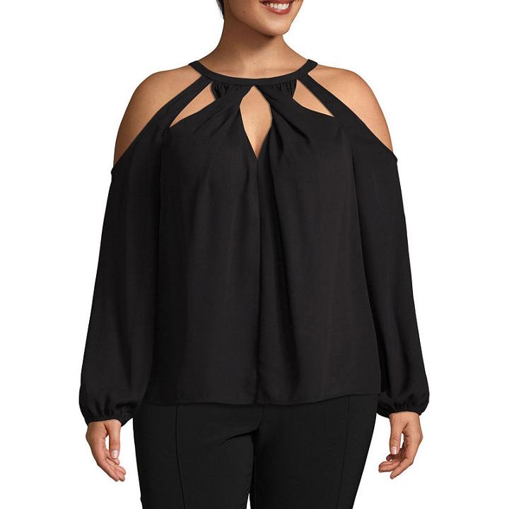 Bold Elements Twist Front Long Sleeve Cold Shoulder Cut Out Blouse - Plus