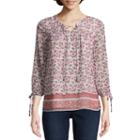 St. John's Bay Long Sleeve Split Crew Neck Woven Bordered Blouse