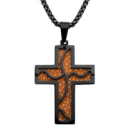 Inox Jewelry Mens Orange Leather With Stainless Steel & Black Ip Cross Pendant