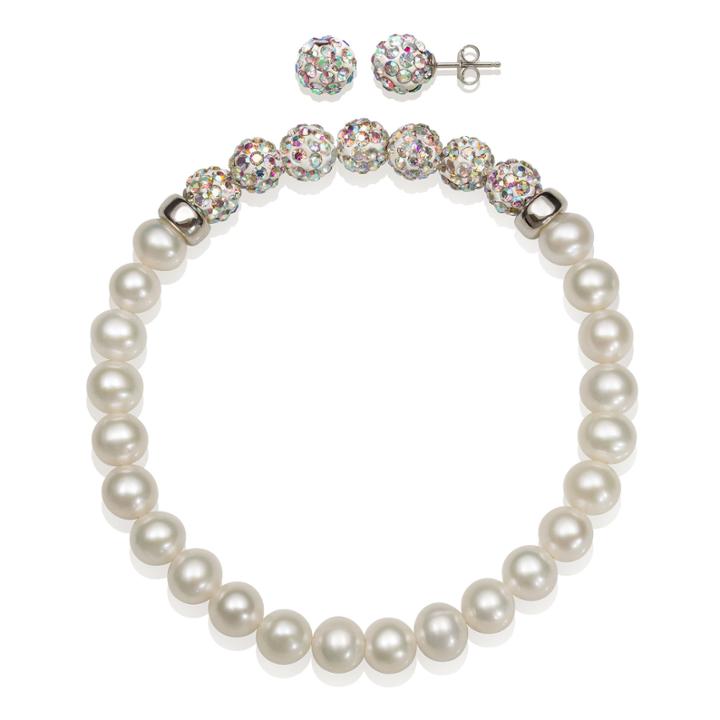 6-7mm Cultured Freshwater Pearl And 6mm White Lab Created Crystal Bead Sterling Silver Earring And Bracelet Set