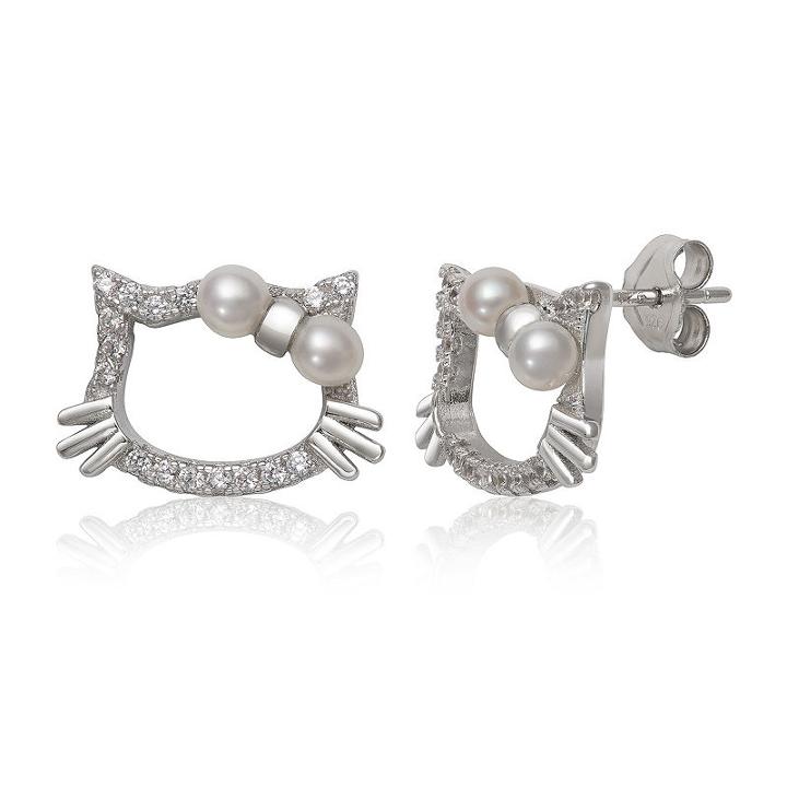 White Cultured Freshwater Pearls 14k Rose Gold Over Silver Sterling Silver 10mm Round Hello Kitty Stud Earrings
