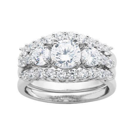 Diamonart Cubic Zirconia Sterling Silver 3-stone Bridal Ring Set
