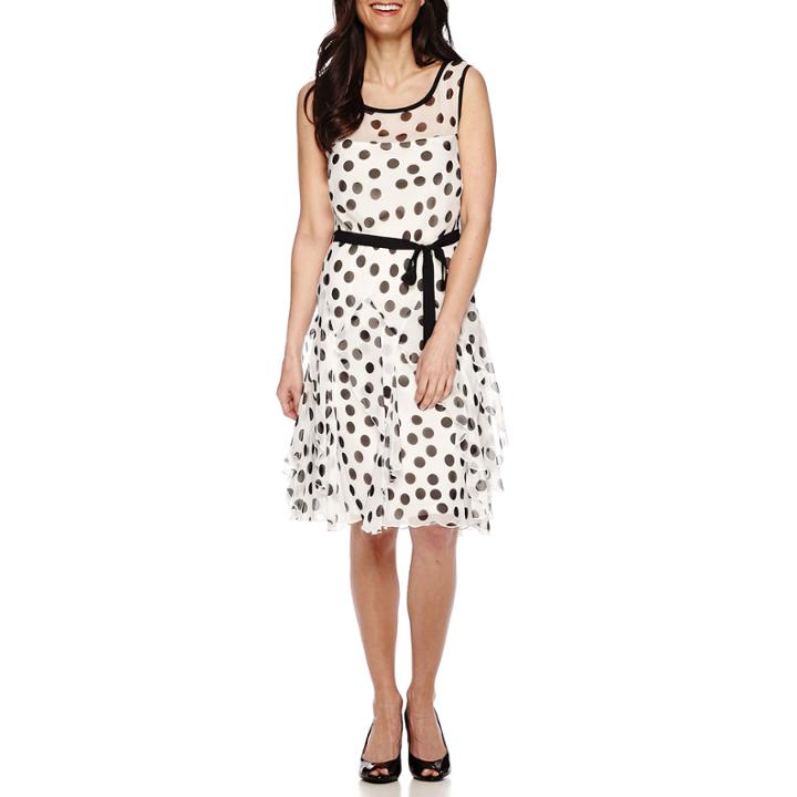 Robbie Bee Sleeveless Polka Dot Chiffon Belted Sheath Dress