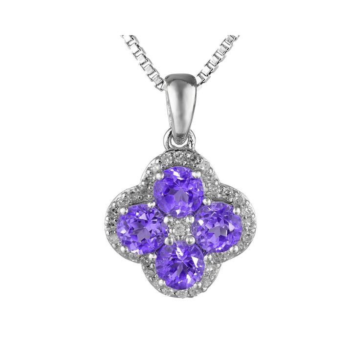 Genuine Amethyst And White Topaz Flower Sterling Silver Pendant Necklace