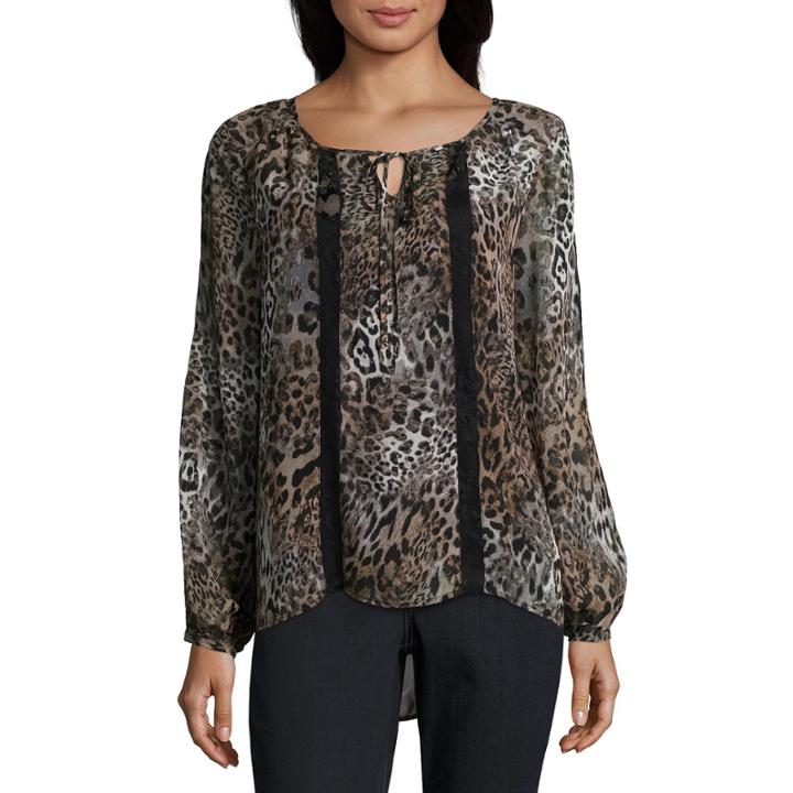 Alyx Long Sleeve Split Crew Neck Woven Leopard Blouse