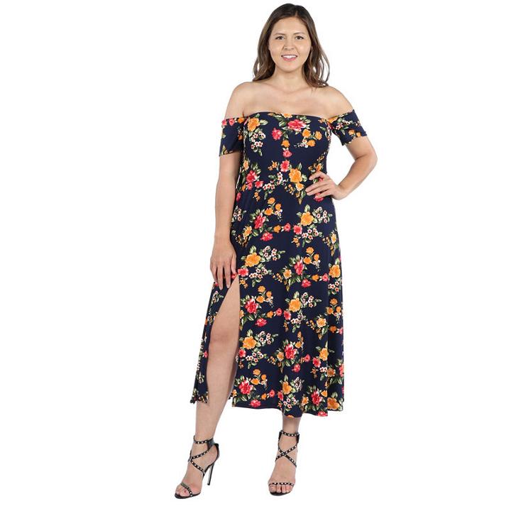 24seven Comfort Apparel Eleanor Black Floral Side Slit Dress - Plus