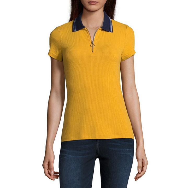 Almost Famous Short Sleeve Collar Neck Knit Blouse-juniors