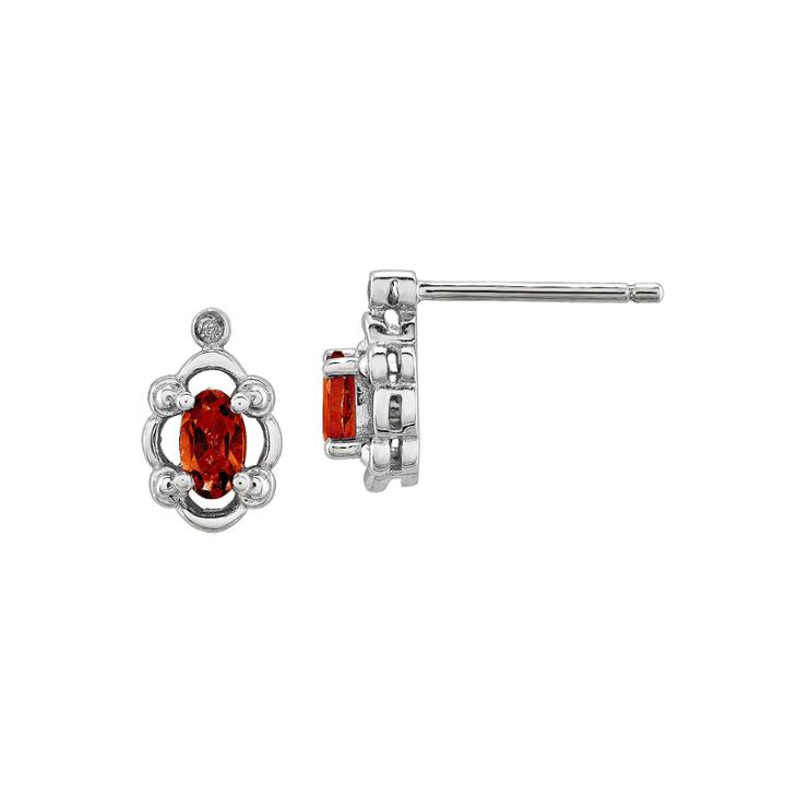 Diamond Accent Oval Red Garnet Sterling Silver Stud Earrings