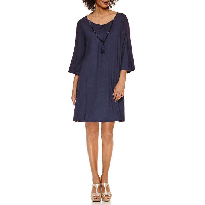 Luxology Long Sleeve Pleat From Cold Shoulder Shift Dress With Necklace