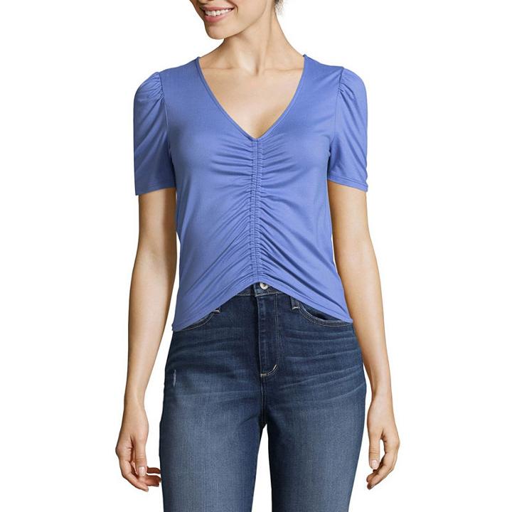 Almost Famous Short Sleeve V Neck Knit Blouse-juniors