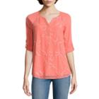 St. John's Bay Embroidered 3/4 Sleeve Roll Sleeve Floral Peasant Top