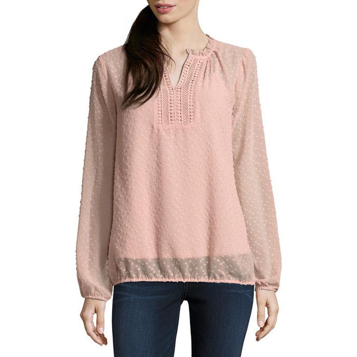 Liz Claiborne Long Sleeve Split Crew Neck Woven Blouse - Tall