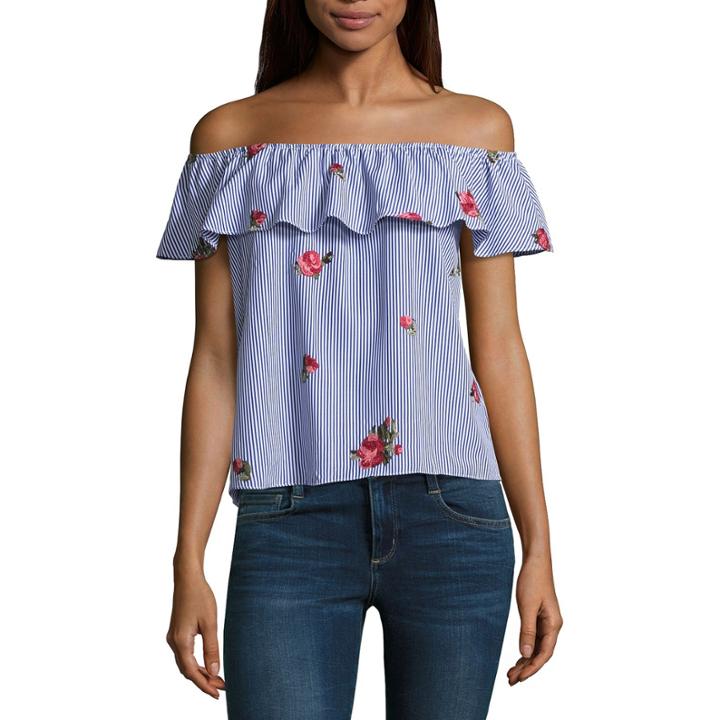 By & By Short Sleeve Scoop Neck Chambray Blouse-juniors
