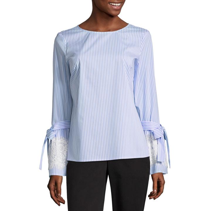 Worthington 3/4 Sleeve Crew Neck Woven Stripe Blouse