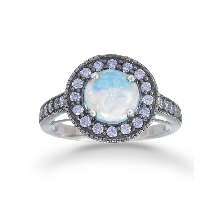 Womens Simulated Blue Opal Sterling Silver Halo Ring