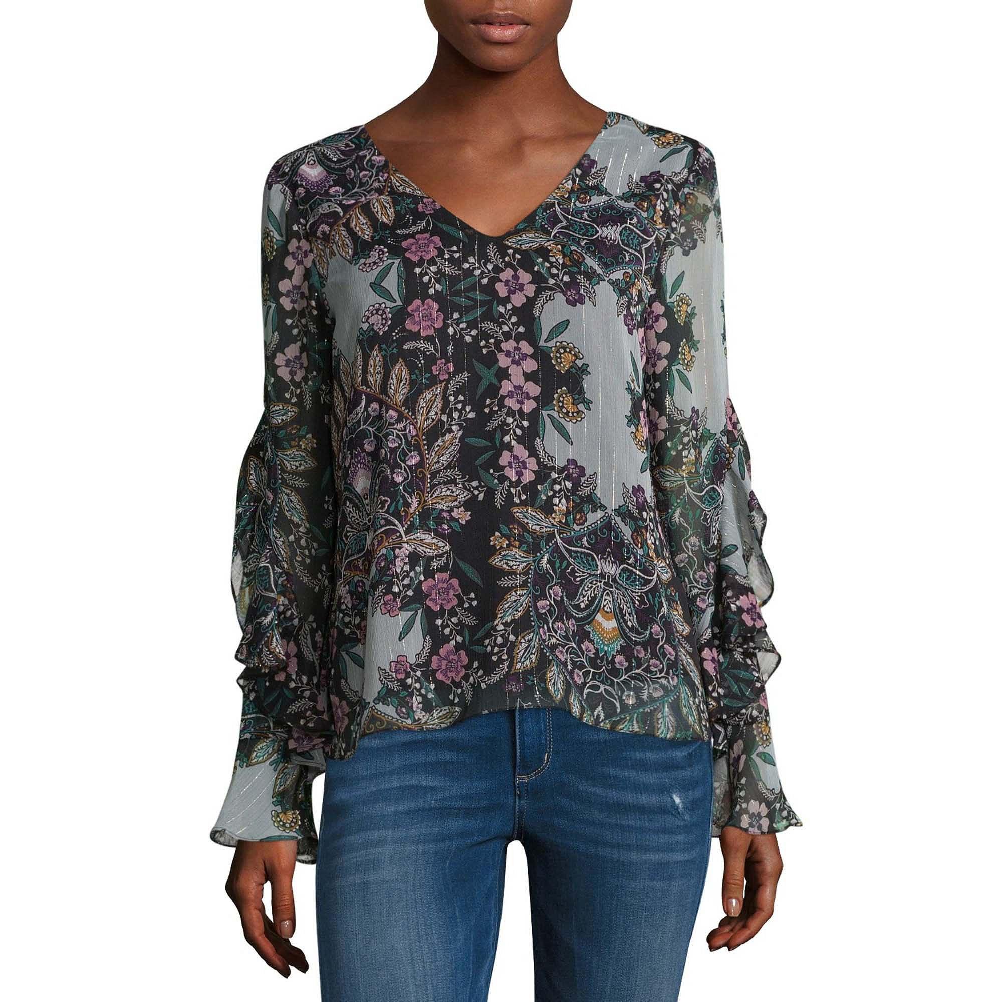 By & By Long Sleeve V Neck Chiffon Floral Blouse-juniors | LookMazing