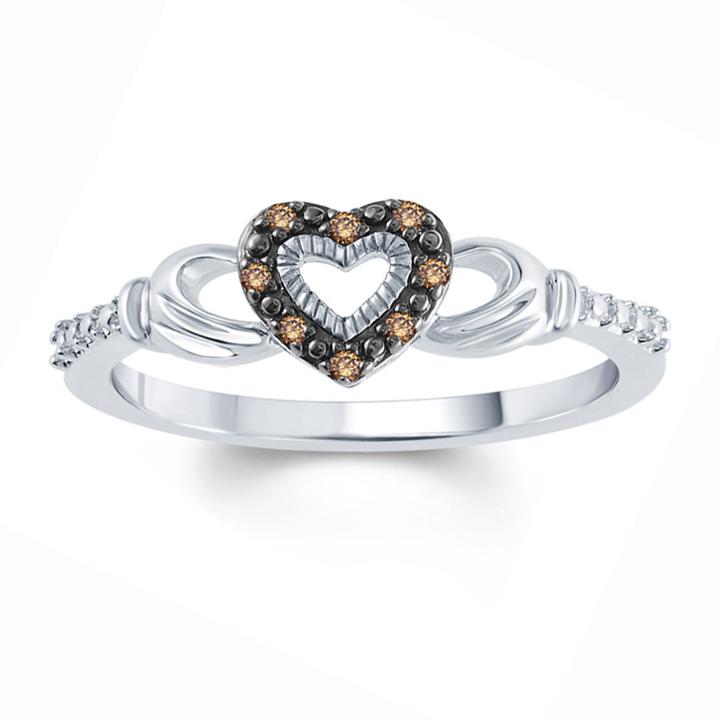 Womens Diamond Accent Genuine Champagne Diamond Accent Sterling Silver Side Stone Ring