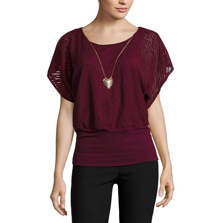 By & By Short-sleeve Textured Knit Banded Bottom Top With Necklace - Juniors