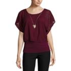By & By Short-sleeve Textured Knit Banded Bottom Top With Necklace - Juniors