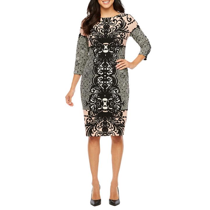 Rabbit Rabbit Rabbit Design Elbow Sleeve Damask Sheath Dress