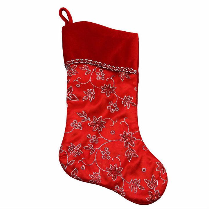 20 Red And Silver Glittered Floral Christmas Stocking With Shadow Velveteen Cuff