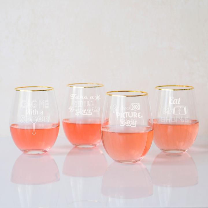 Cathy's Concepts 90s Throwback Gold Rim Stemless Wine Glasses