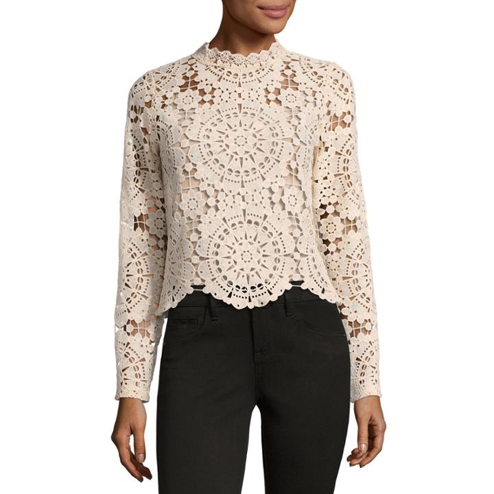 Miss Chievous Long Sleeve High Neck Crochet Blouse-juniors