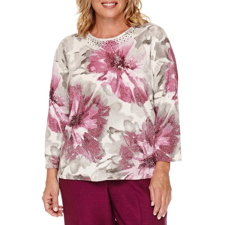 Alfred Dunner Veneto Valley 3/4-sleeve Floral Shimmer Sweater - Plus
