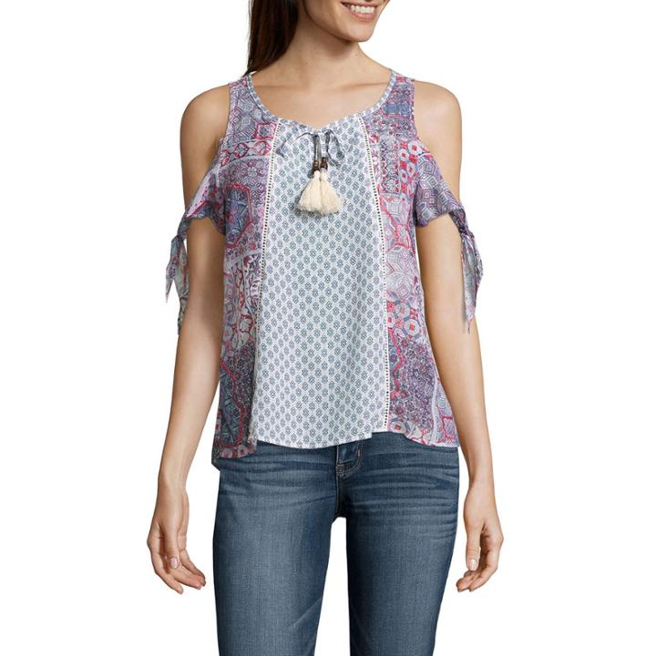 Rewind Short Sleeve Y Neck Rayon Blouse-juniors
