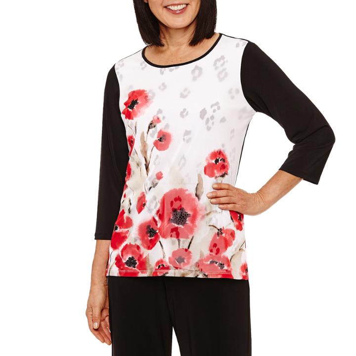 Alfred Dunner Saratoga Springs 3/4 Sleeve Crew Neck T-shirt-womens