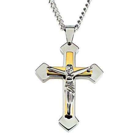 Mens Two-tone Stainless Steel Crucifix Pendant Necklace