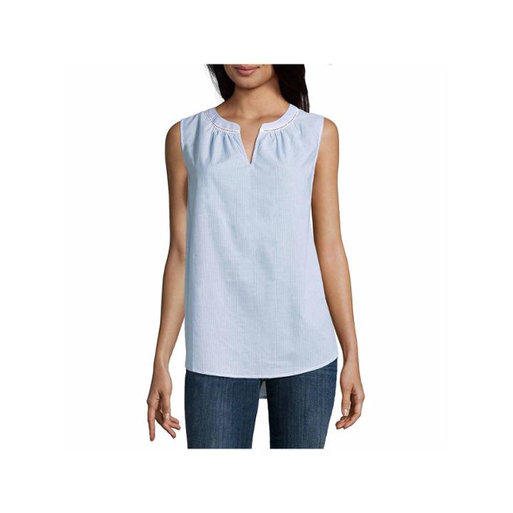 Liz Claiborne Sleeveless Split Crew Neck Woven Blouse-petites