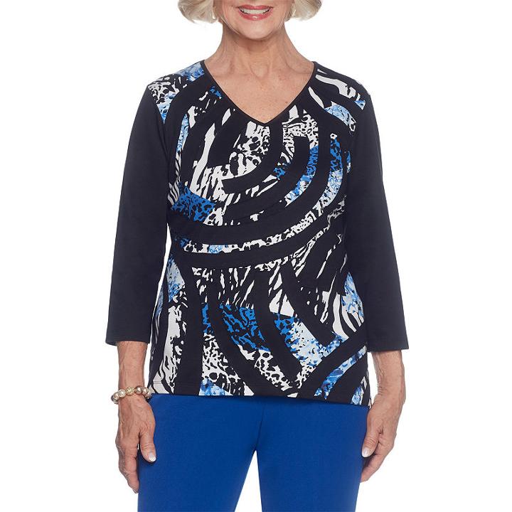 Alfred Dunner High Roller 3/4 Sleeve V Neck Animal T-shirt-womens