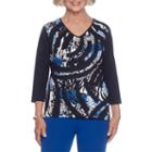 Alfred Dunner High Roller 3/4 Sleeve V Neck Animal T-shirt-womens