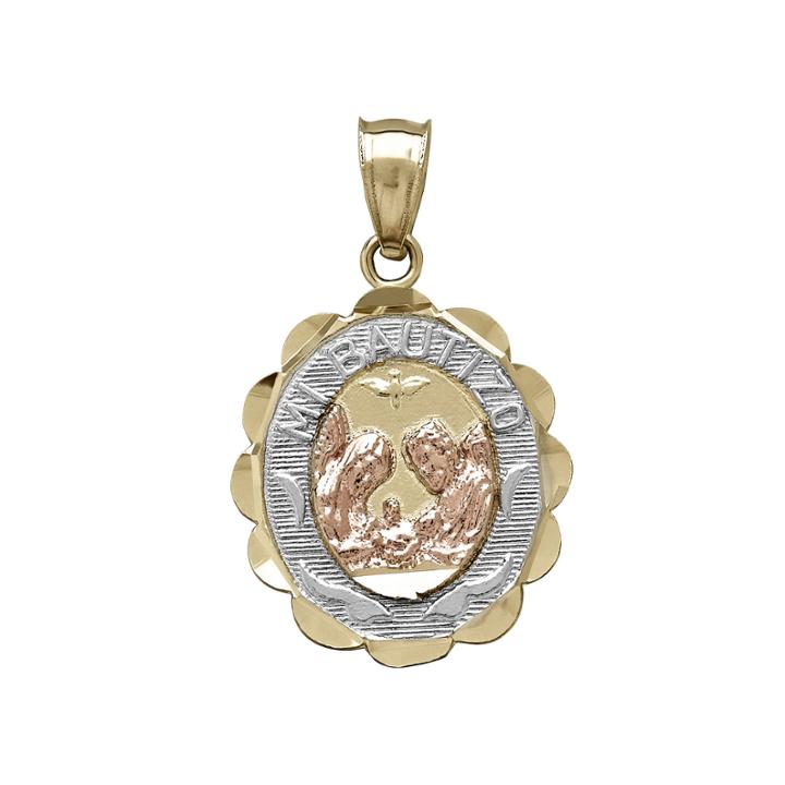 Tesoro&trade; 14k Tri-tone Cubic Zirconia Mi Bautizo Baptismal Medallion Pendant