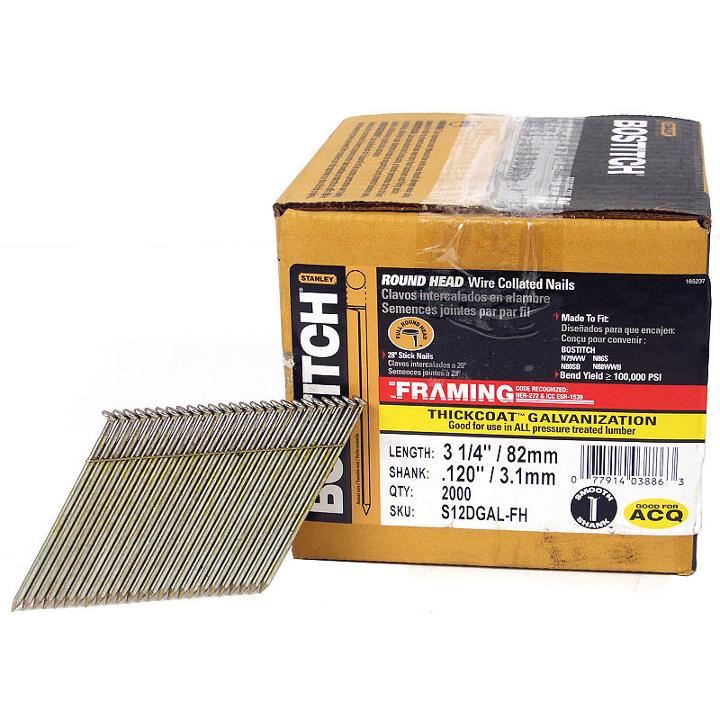 Bostitch Stanley S12dgal-fh 3-1/4 28 Wire Collated Stick Framing Nails 2000 Count
