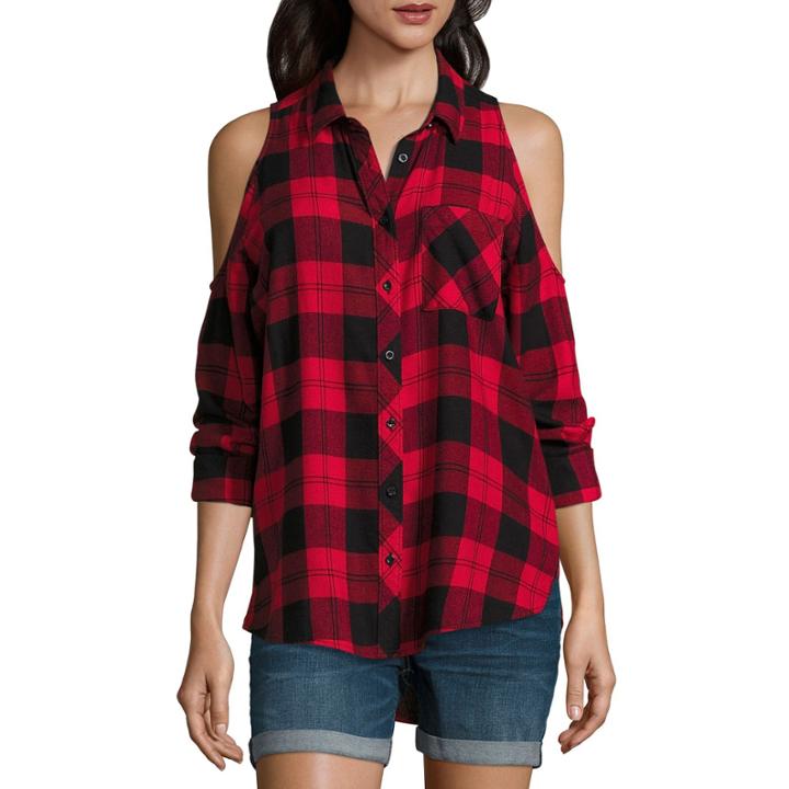 Arizona Cold Shoulder Plaid Shirt-juniors