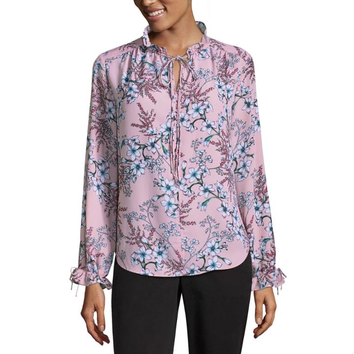 Liz Claiborne Long Sleeve V Neck Georgette Floral Blouse