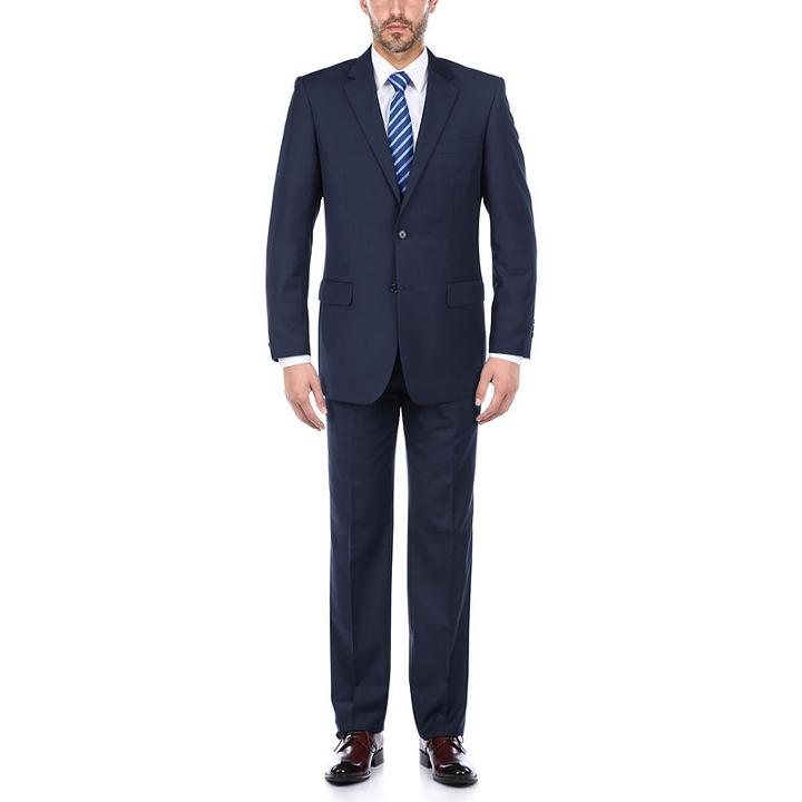 Verno Men's Navy Blue 100 Wool Classic Fit Singlebreast 2-piece Suit