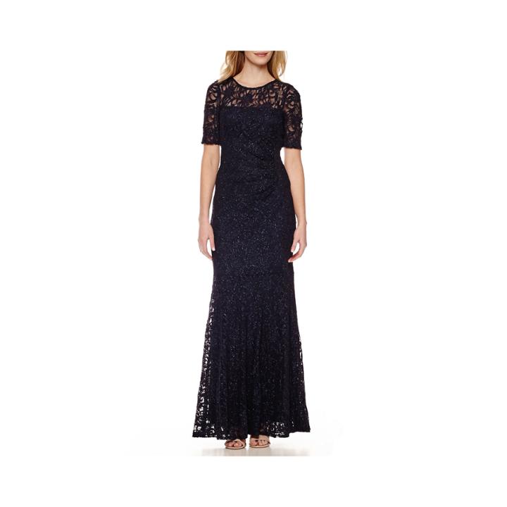 One By Eight Short-sleeve Lace Formal Gown