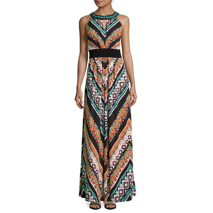 Ronni Nicole Sleeveless Beaded-neck Keyhole Maxi Dress