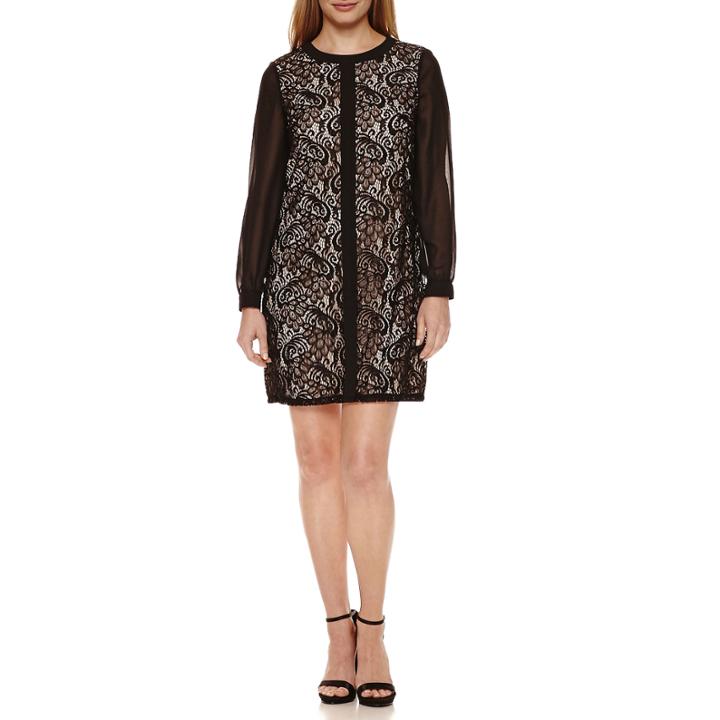 London Times Long Sleeve Lace Shift Dress-petites