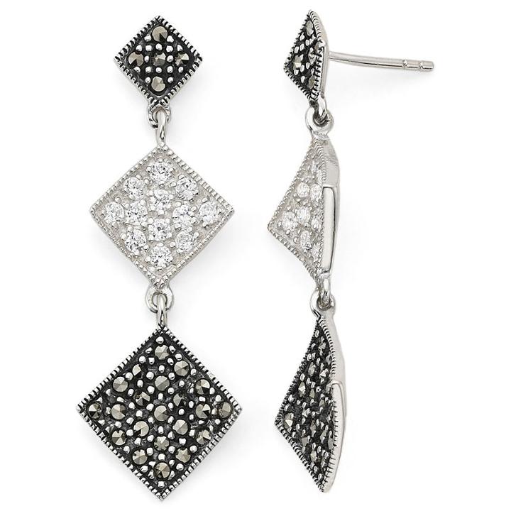 Marcasite & Cubic Zirconia Geometric Drop Earrings Sterling Silver