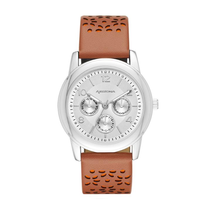 Arizona Womens Silver Tone Brown And Orange Strap Watch