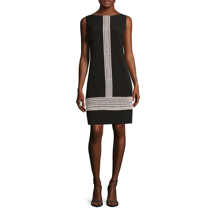 London Style Collection Sleeveless Lace Trim Crepe Shift Dress - Petite