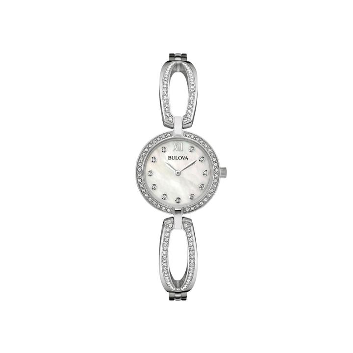 Bulova Womens Crystal-accent Mother-of-pearl Stainless Steel Bracelet Watch