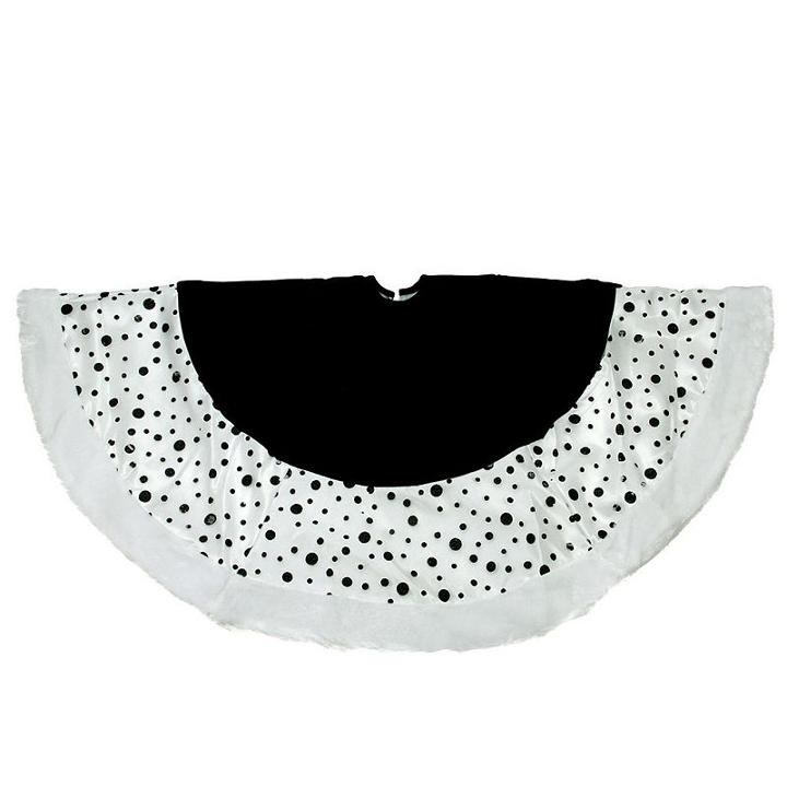 48 Black And White Glittered Polka Dot Christmas Tree Skirt With White Faux Fur Trim